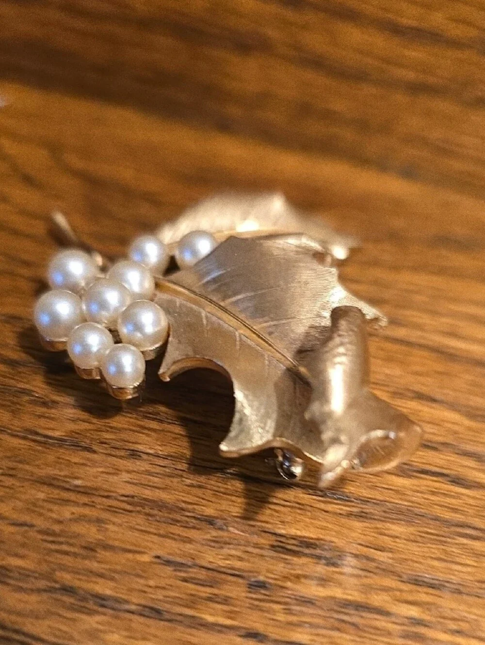 Vintage Signed Crown Trifari Brooch Vintage Gold Tone Leaves & Faux Pearl Brooch
